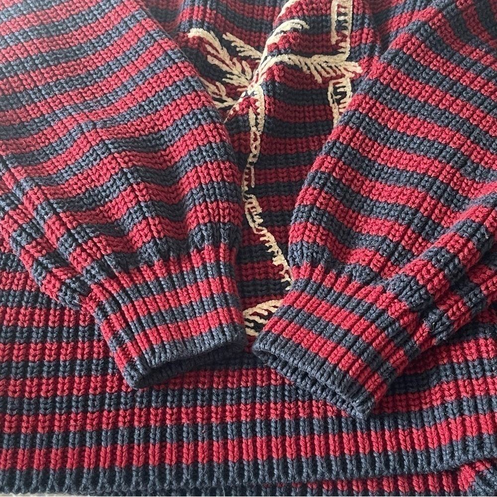 Faherty Palm Tree Sweater Medium Striped Cotton Knit Burgundy Navy Blue ASO - Picture 10 of 17